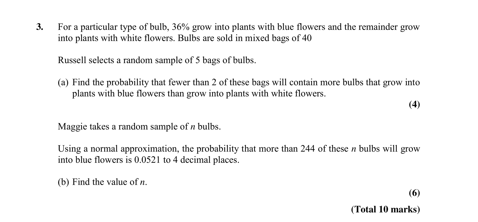 Question 3 — Binomial Distribution, Normal Distribution — Edexcel Specimen