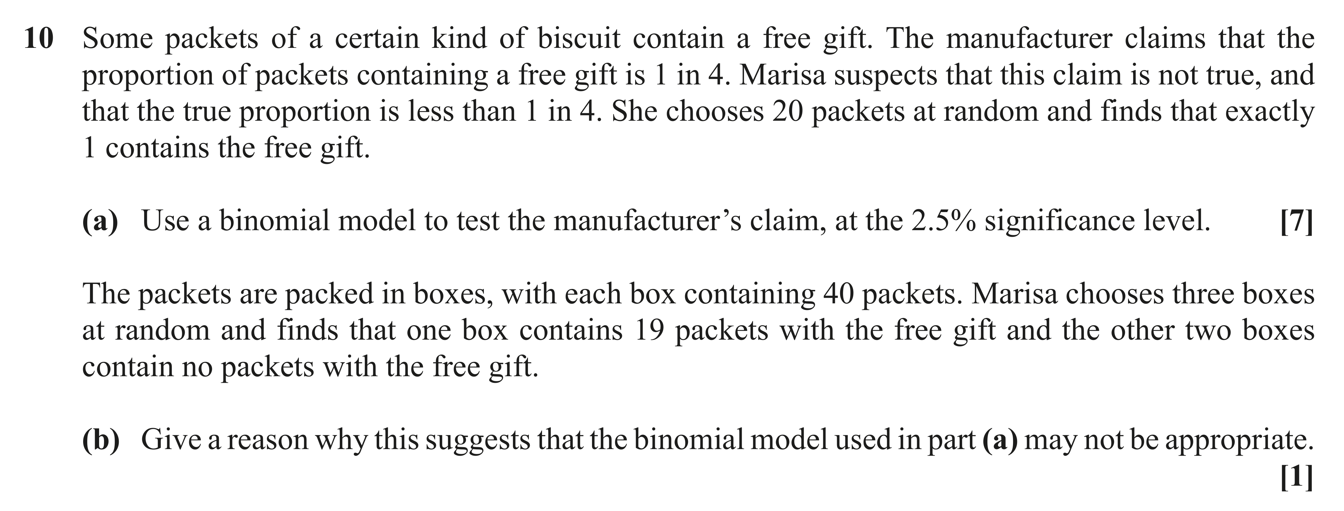 Question 10 — Hypothesis Testing, Binomial Distribution — OCR AS Maths November 2020