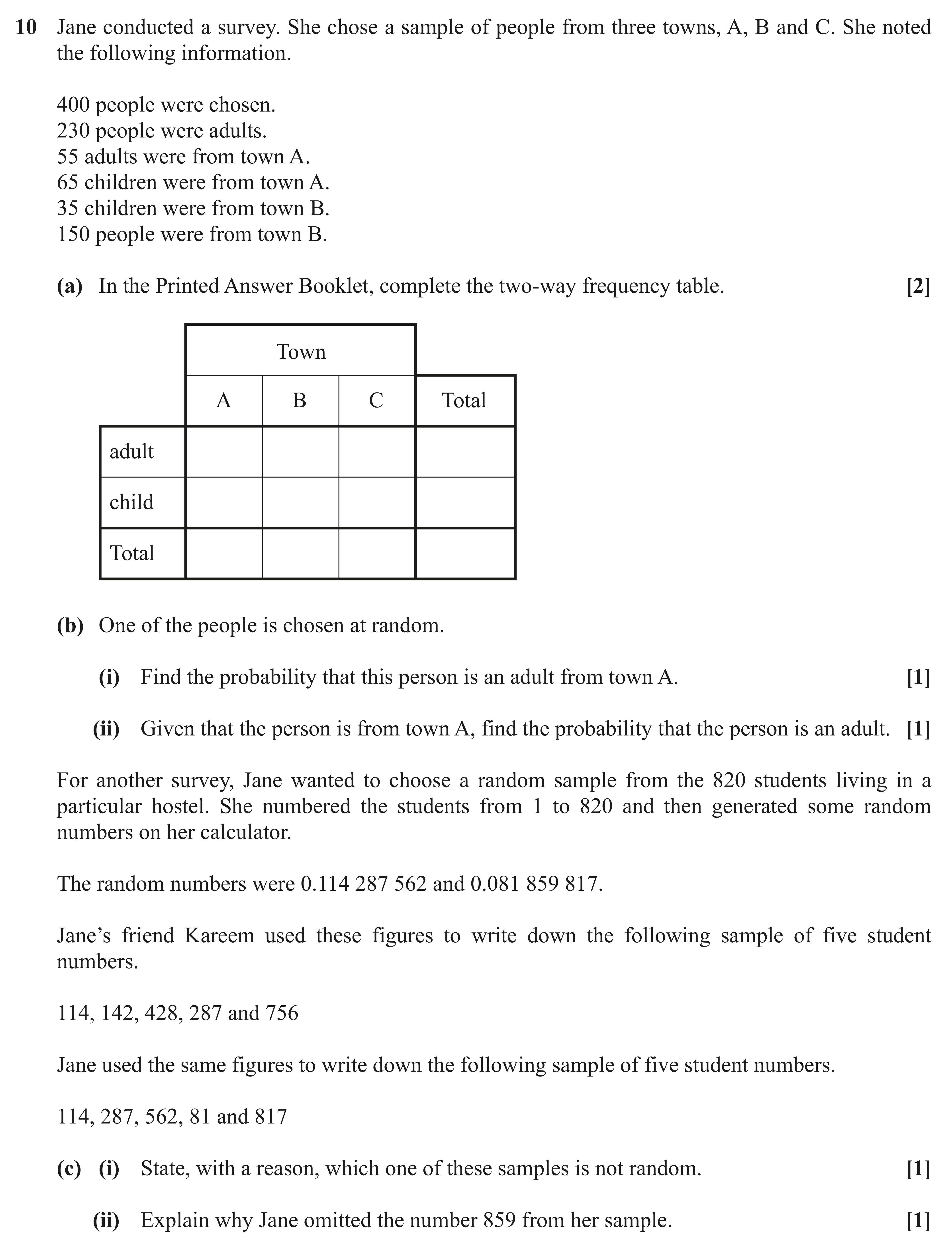 Question 10 — Probability, Sampling, Two-way Table — OCR AS Maths November 2021