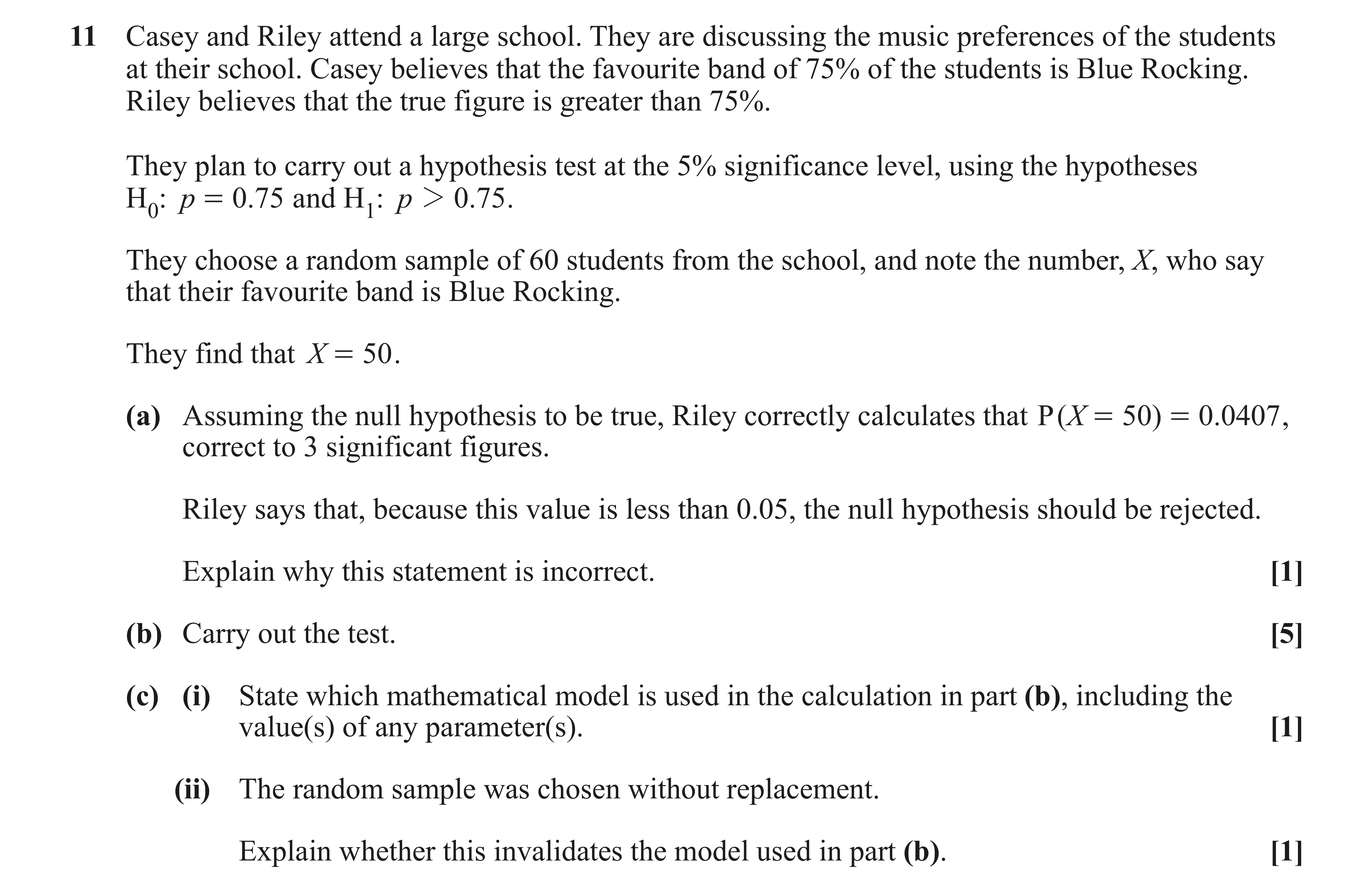 Question 11 — Hypothesis Testing, Binomial Distribution — OCR AS Maths June 2023
