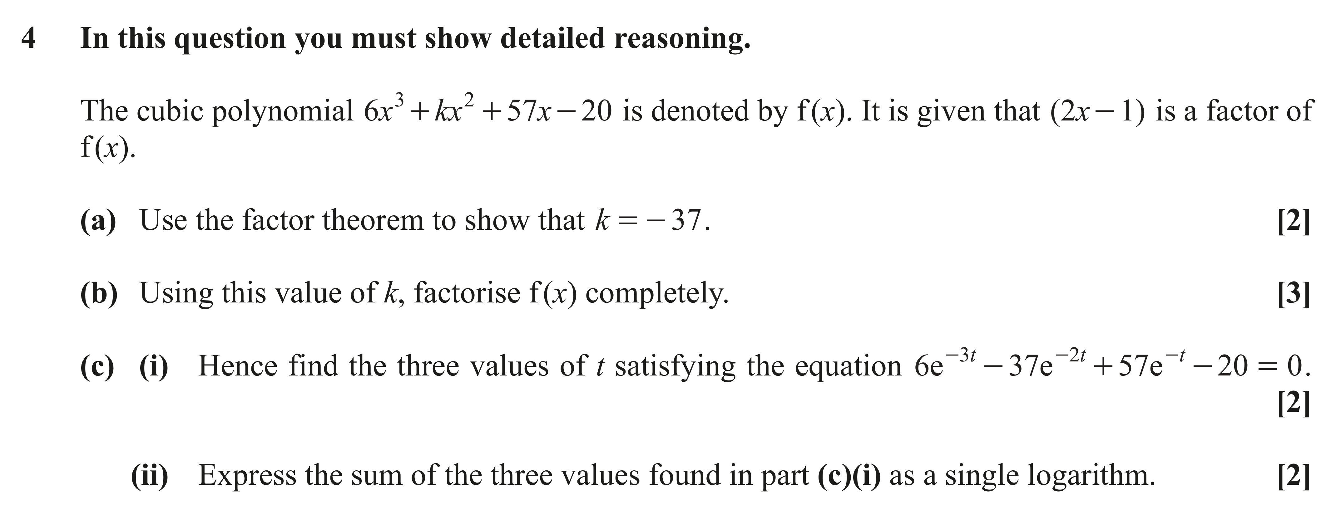 Question 4 — Factor Theorem, Exponentials, Logarithms — OCR AS Maths November 2020
