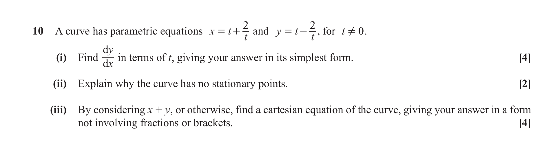 Question 10 — Parametric Equations — OCR June 2018