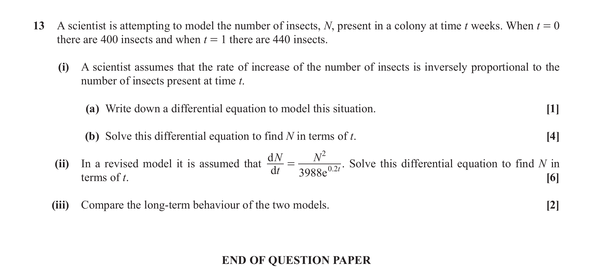 Question 13 — Rates of Change, Differential Equations — OCR June 2018