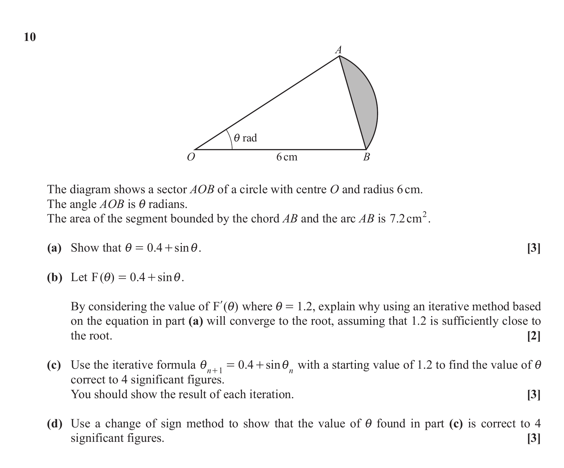 Question 10 — Arc Length, Sectors and Segments, Numerical Methods — OCR June 2019