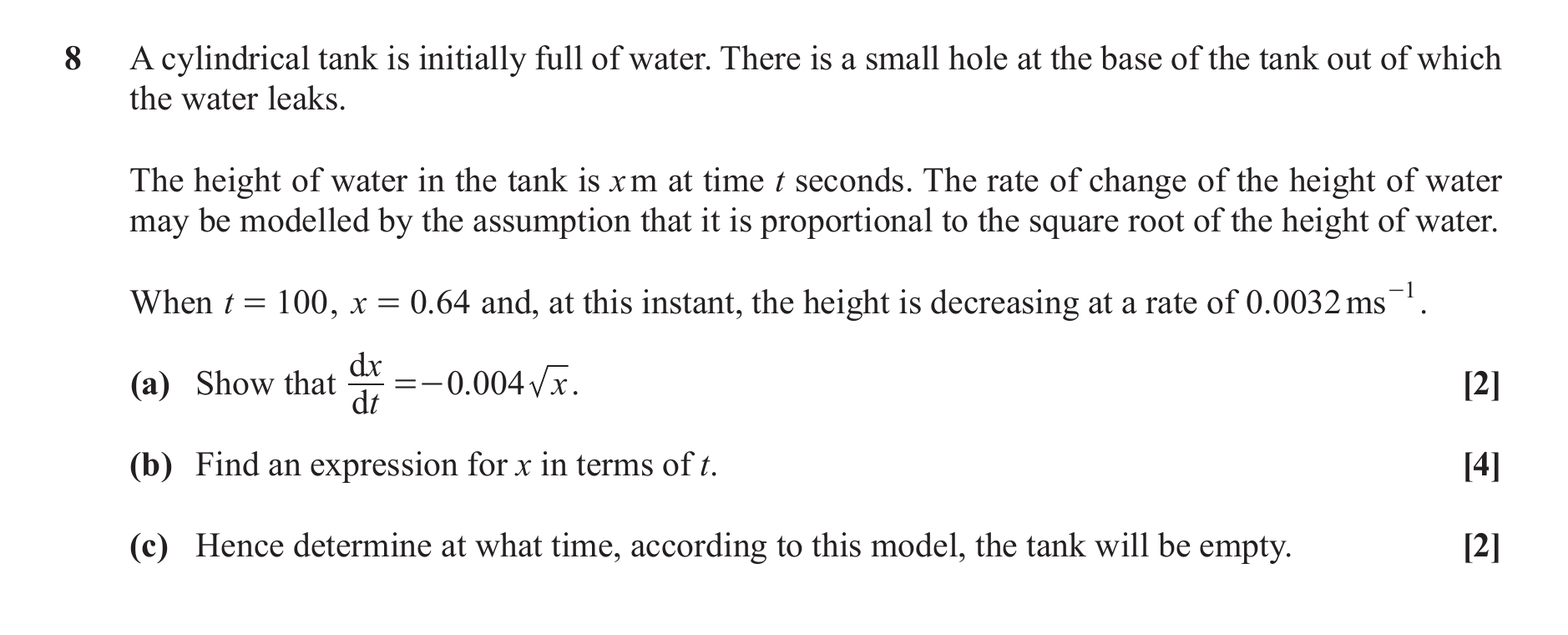 Question 8 — Rates of Change, Differential Equations — OCR June 2019