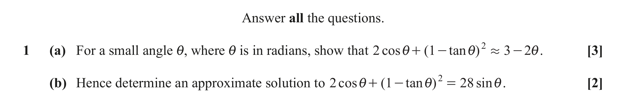 Question 1 — Small Angle Approximations — OCR October 2020