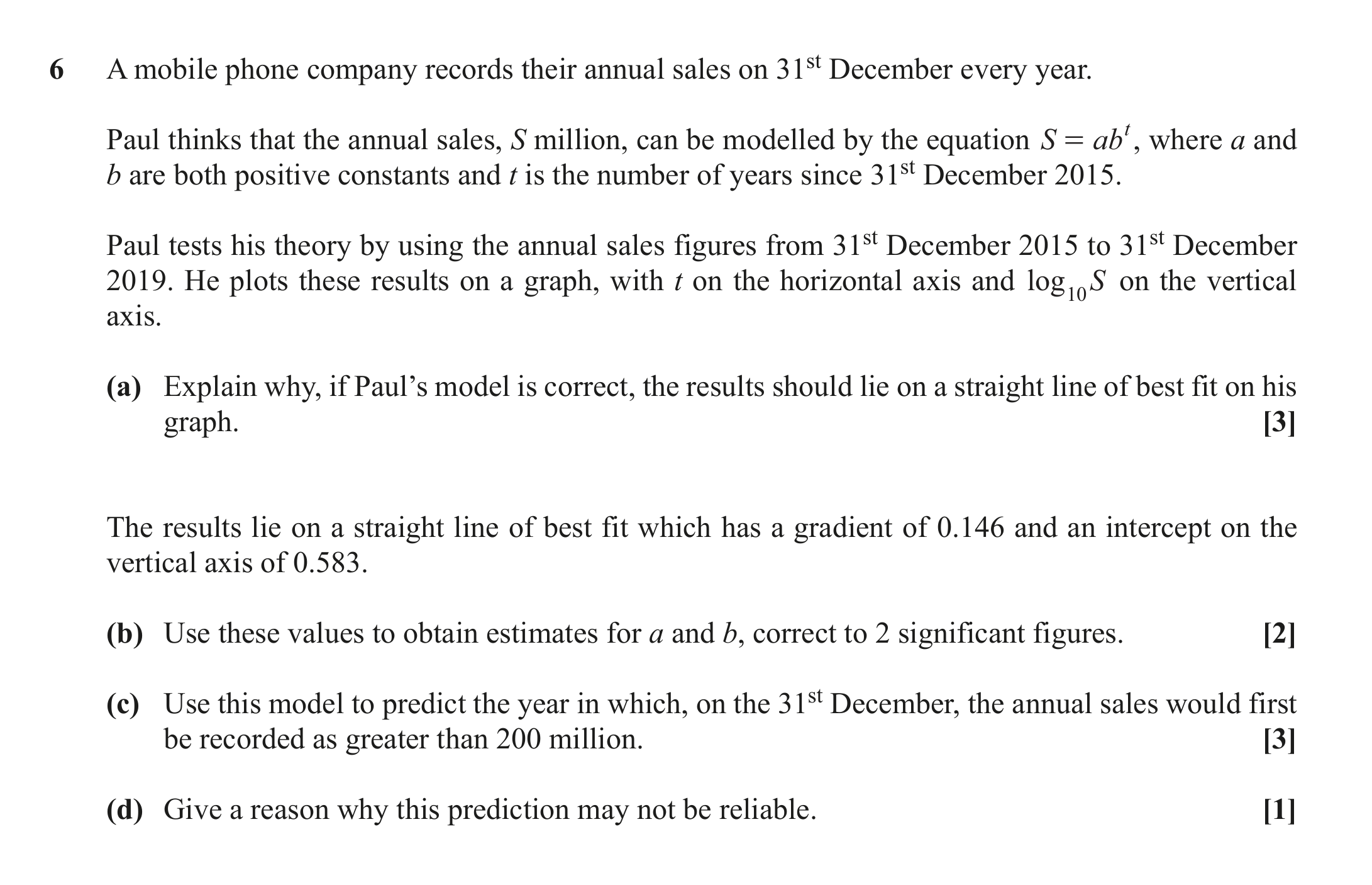 Question 6 — Logs and Straight Line Graphs — OCR October 2020
