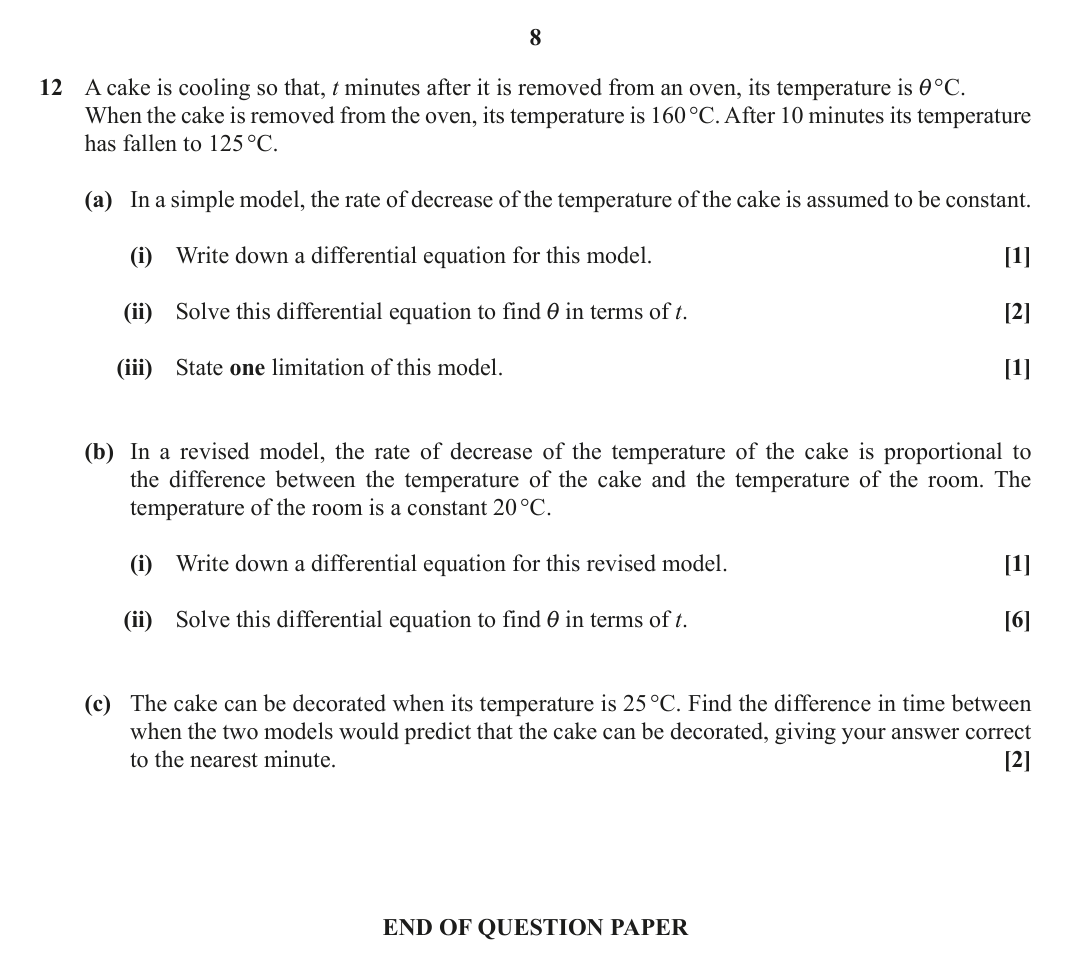 Question 12 — Differential Equations, Rates of Change — OCR October 2021