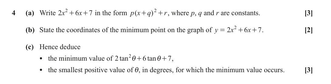 Question 4 — Quadratics, Trig — OCR June 2022