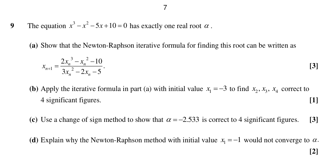 Question 9 — Numerical Methods, Newton Raphson — OCR Sample Paper