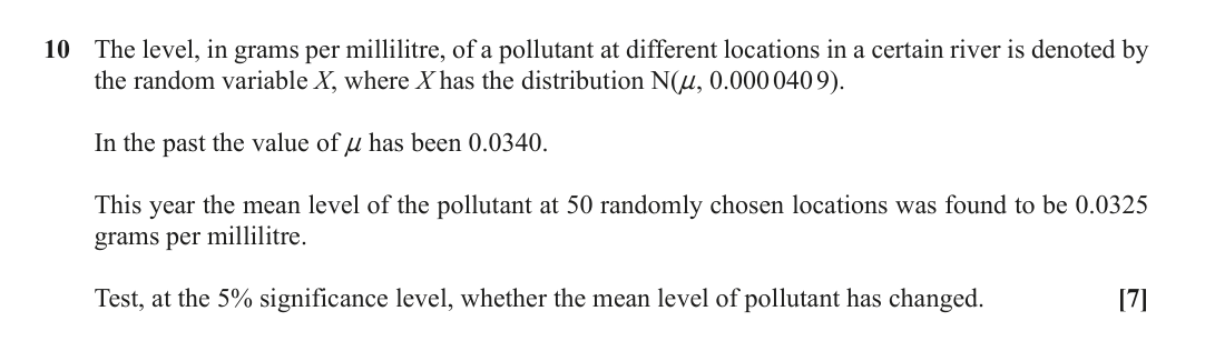 Question 10 — Hypothesis Testing — OCR June 2019