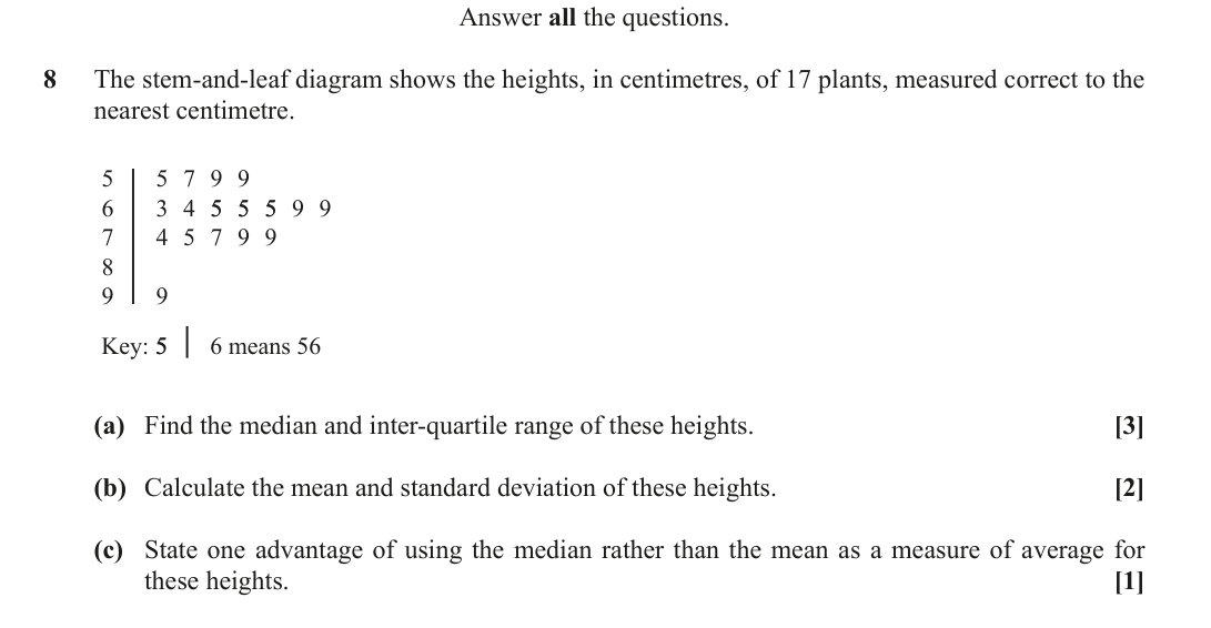 Question 8 — Stem and Leaf Diagram, Mean, Variance and Standard Deviation — OCR June 2019