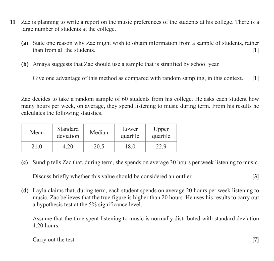 Question 11 — Sampling, Outliers, Hypothesis Testing — OCR October 2021