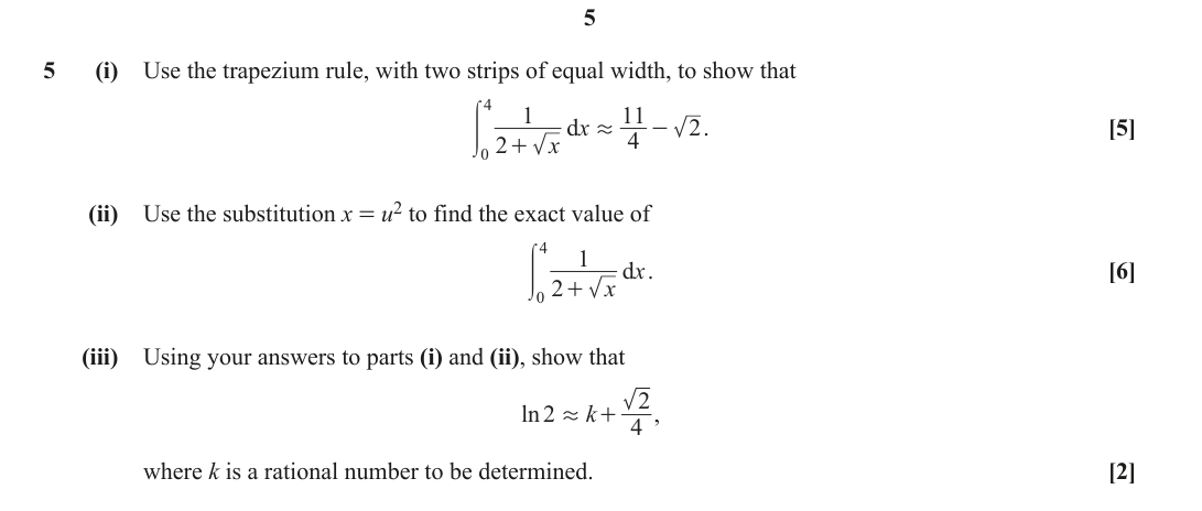 Question 5 — Trapezium Rule, Integration — OCR June 2018