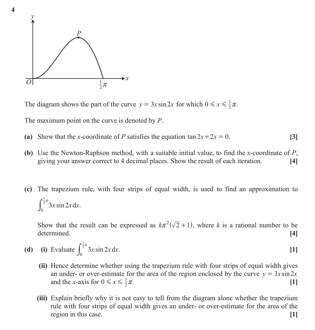 Question 4 — Differentiation, Numerical Methods, Newton Raphson, Trapezium Rule — OCR June 2019