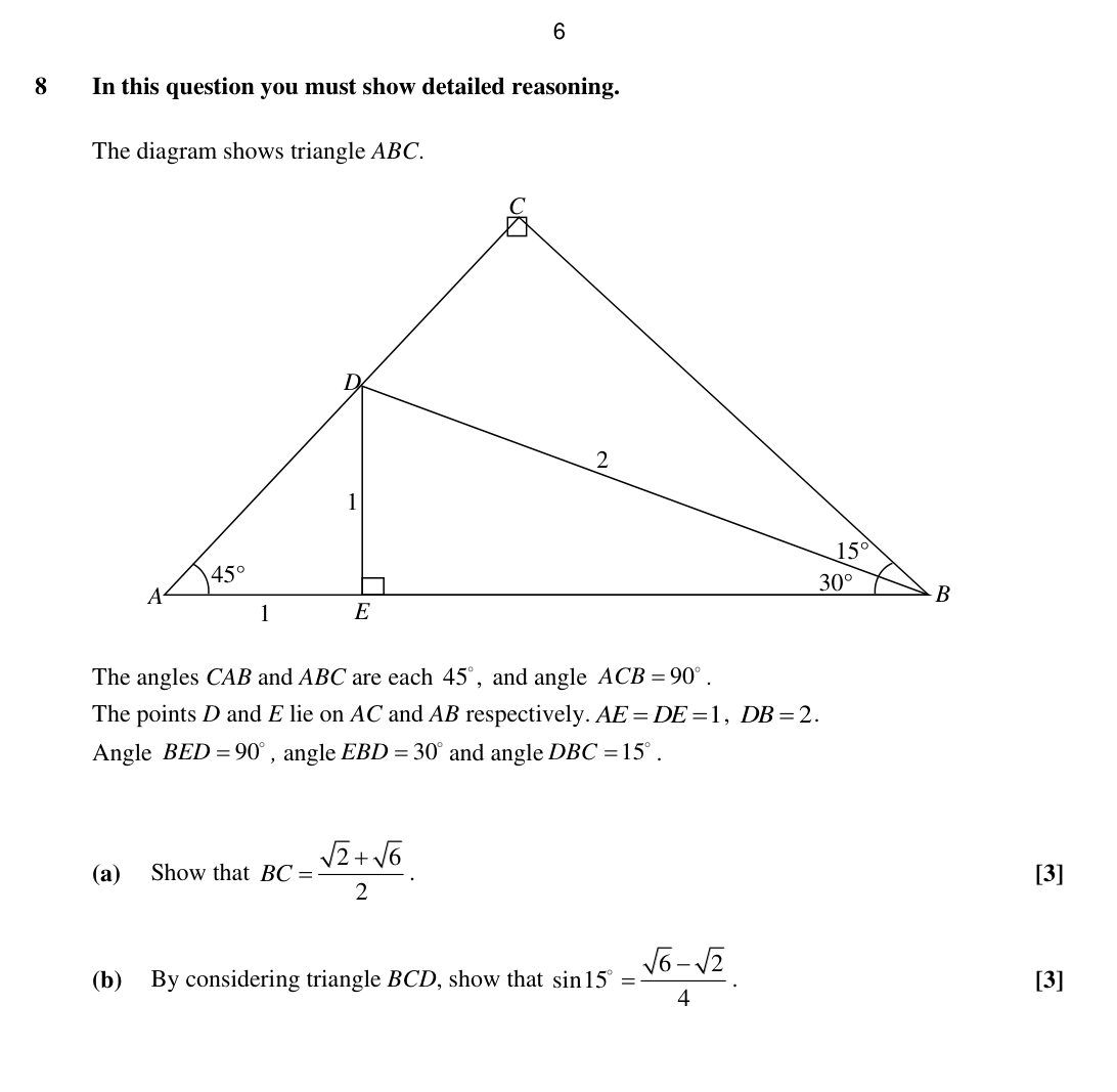 Question 8 — Triangles, Trig — OCR Sample Paper