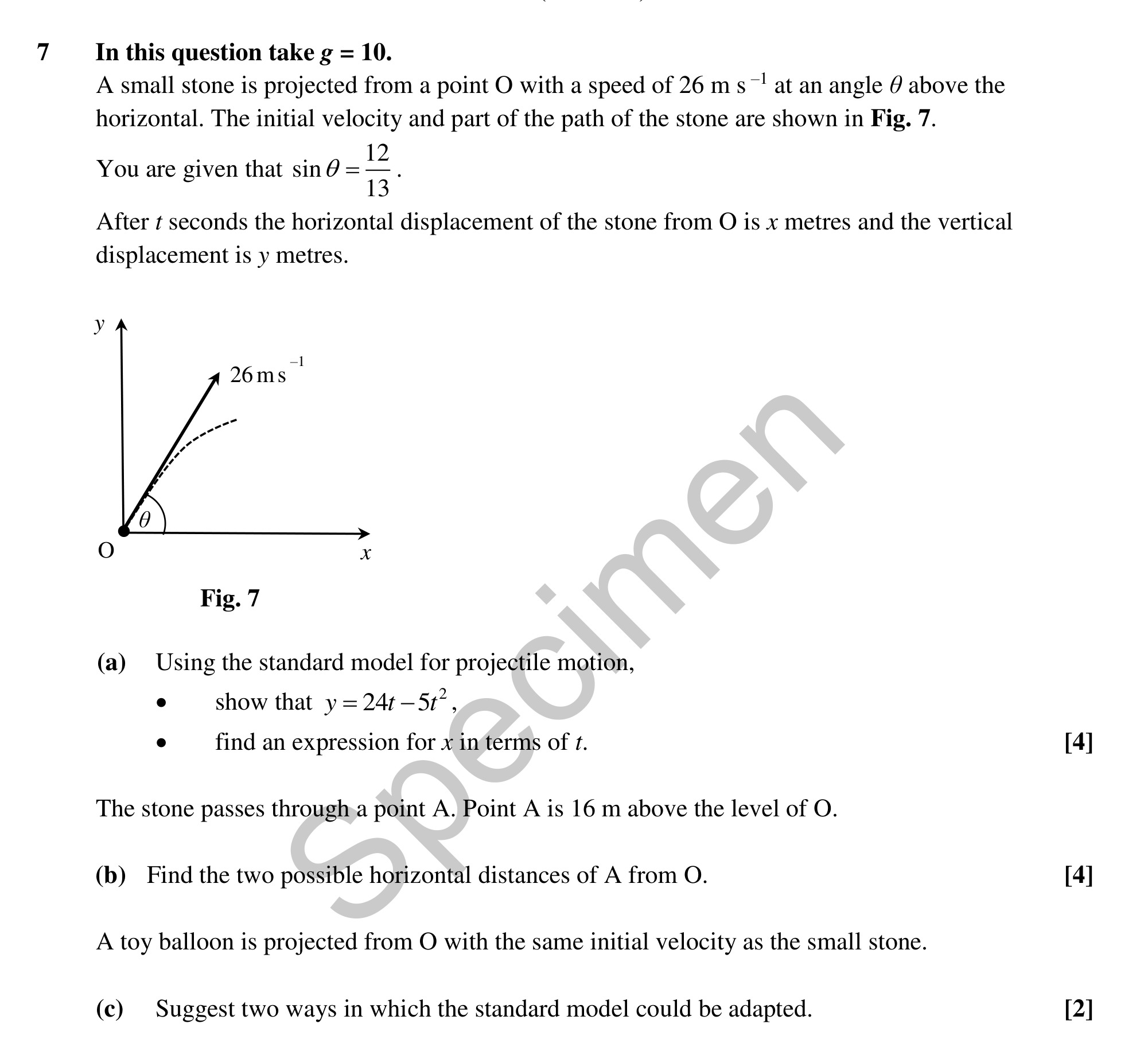 Question 7 — Projectiles — OCR MEI Sample Paper
