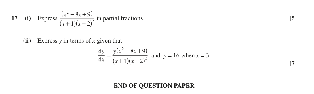 Question 17 — Partial Fractions, Differential Equations — OCR MEI June 2018